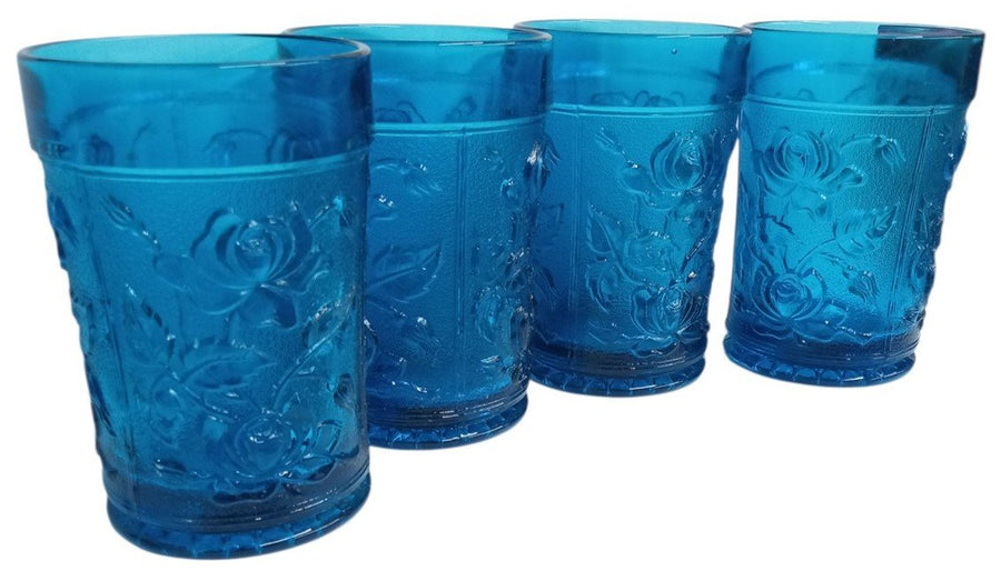 Anchor Hocking Blue Floral Pattern Glass Tumblers Set Of 4 Vintage Collectible