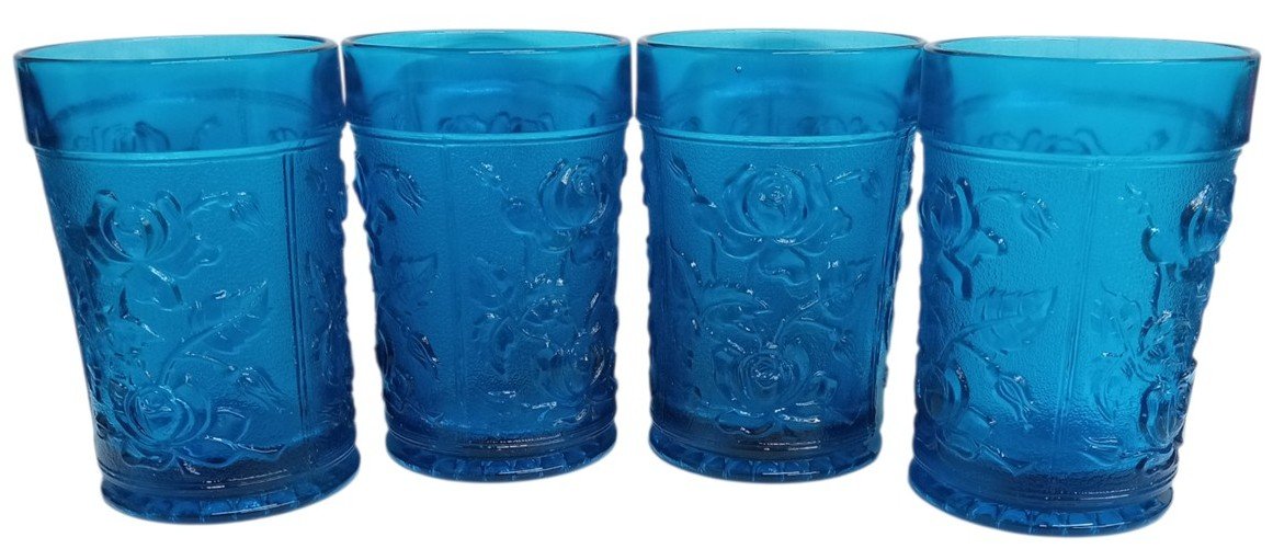 Anchor Hocking Blue Floral Pattern Glass Tumblers Set Of 4 Vintage Collectible