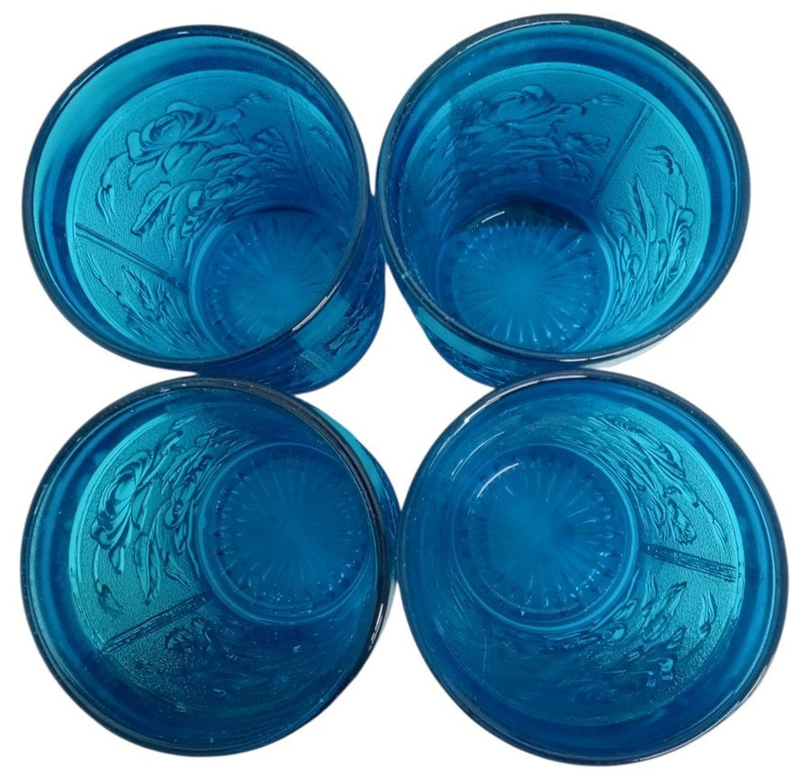 Anchor Hocking Blue Floral Pattern Glass Tumblers Set Of 4 Vintage Collectible