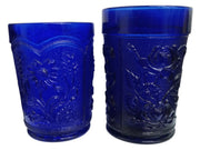 Glass Tumblers W/Floral Pattern Cobalt Blue Vintage Collectible Drinkware