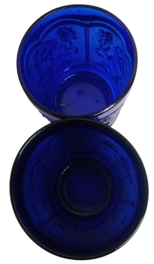 Glass Tumblers W/Floral Pattern Cobalt Blue Vintage Collectible Drinkware