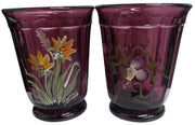 Glass Tumblers Amethyst Hand Painted Flowers Vintage Collectible Gift Idea