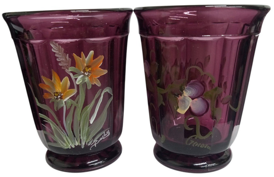 Glass Tumblers Amethyst Hand Painted Flowers Vintage Collectible Gift Idea