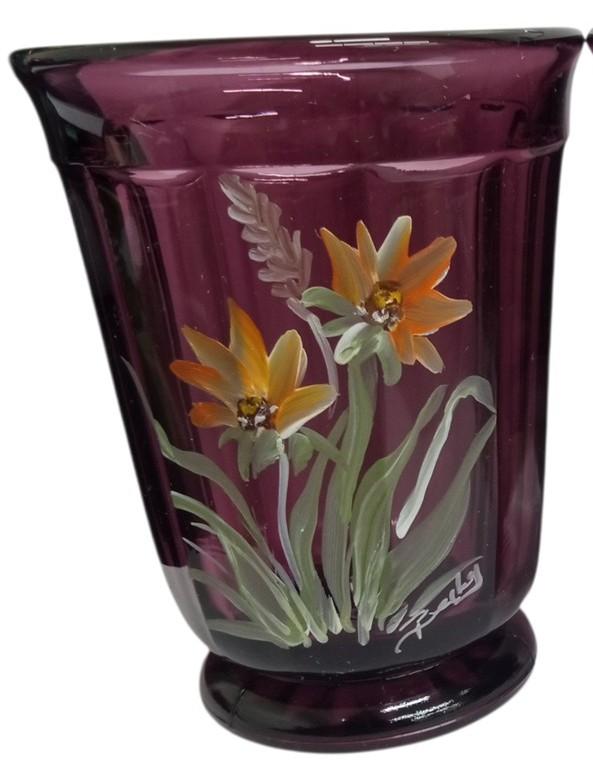 Glass Tumblers Amethyst Hand Painted Flowers Vintage Collectible Gift Idea
