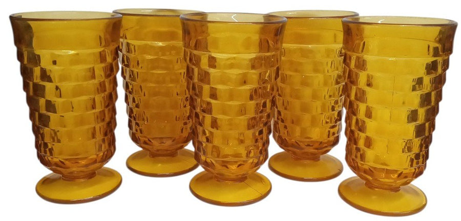 Fostoria Amber Footed Drinking Glasses Set Of 5 Vintage Collectible Drinkware