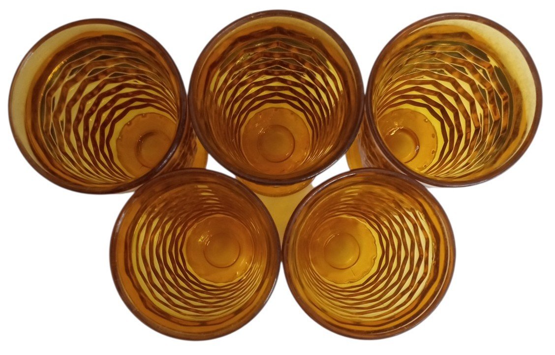 Fostoria Amber Footed Drinking Glasses Set Of 5 Vintage Collectible Drinkware