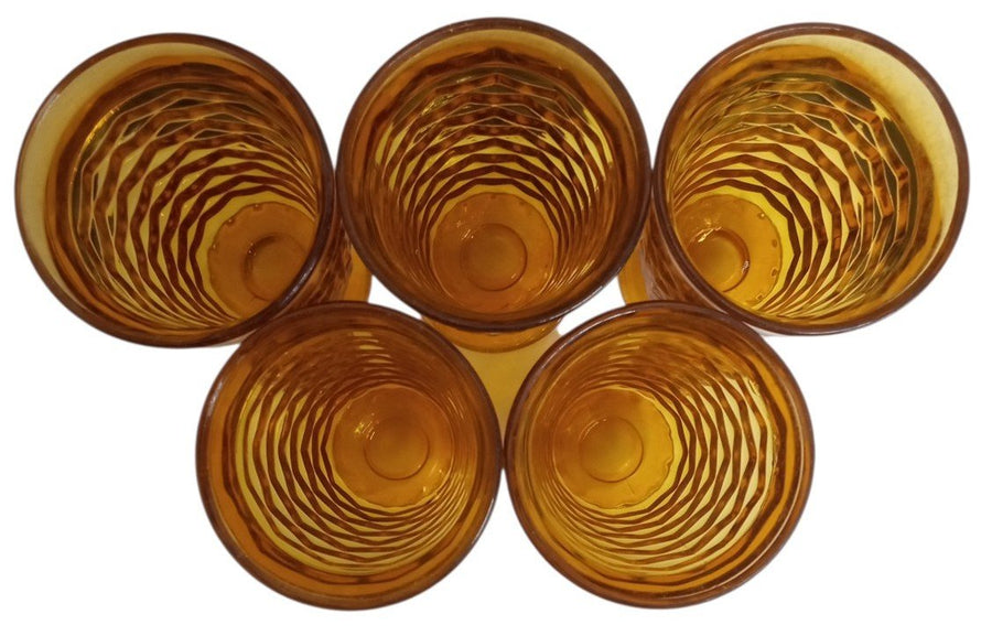Fostoria Amber Footed Drinking Glasses Set Of 5 Vintage Collectible Drinkware