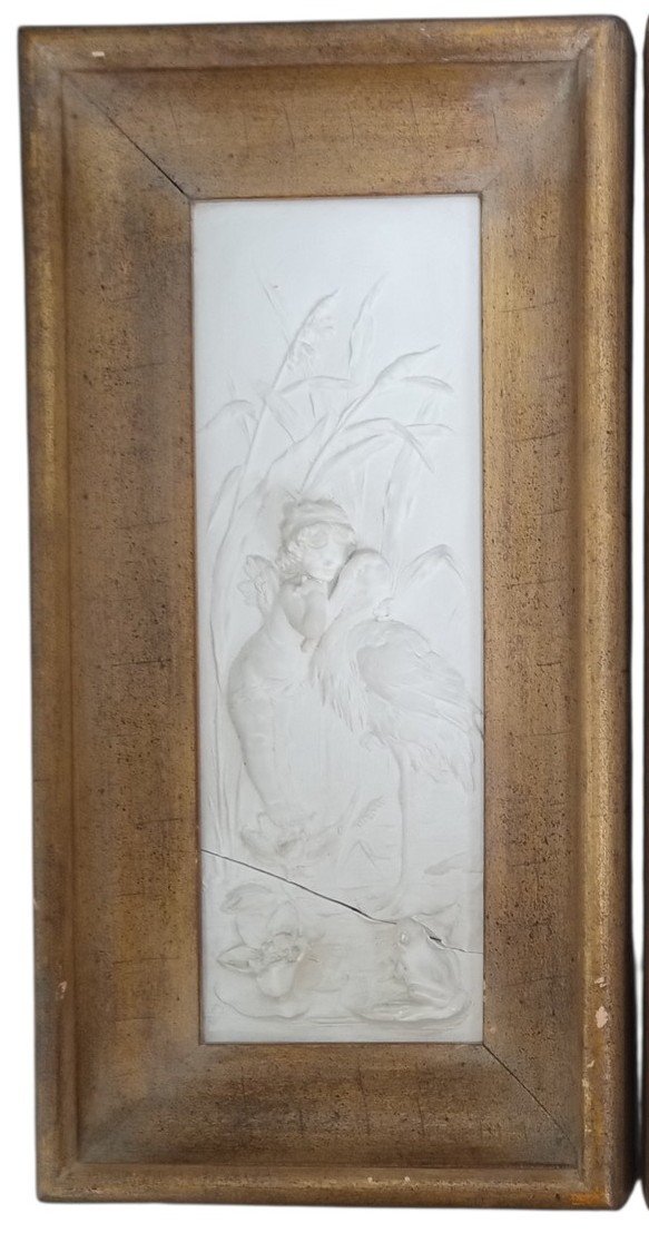 Bas Relief Cherubs & Cranes Framed Sculpted Pictures 7"x14" Vintage Decorative