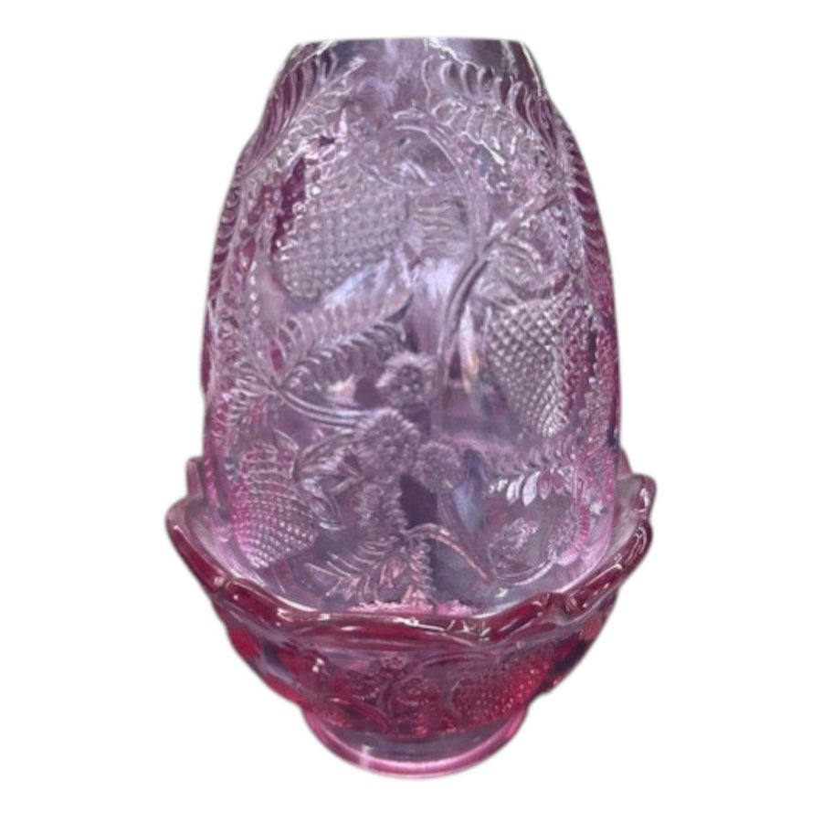 Fenton Made Pink Indented Strawberry and Leaves Fairy Lamp