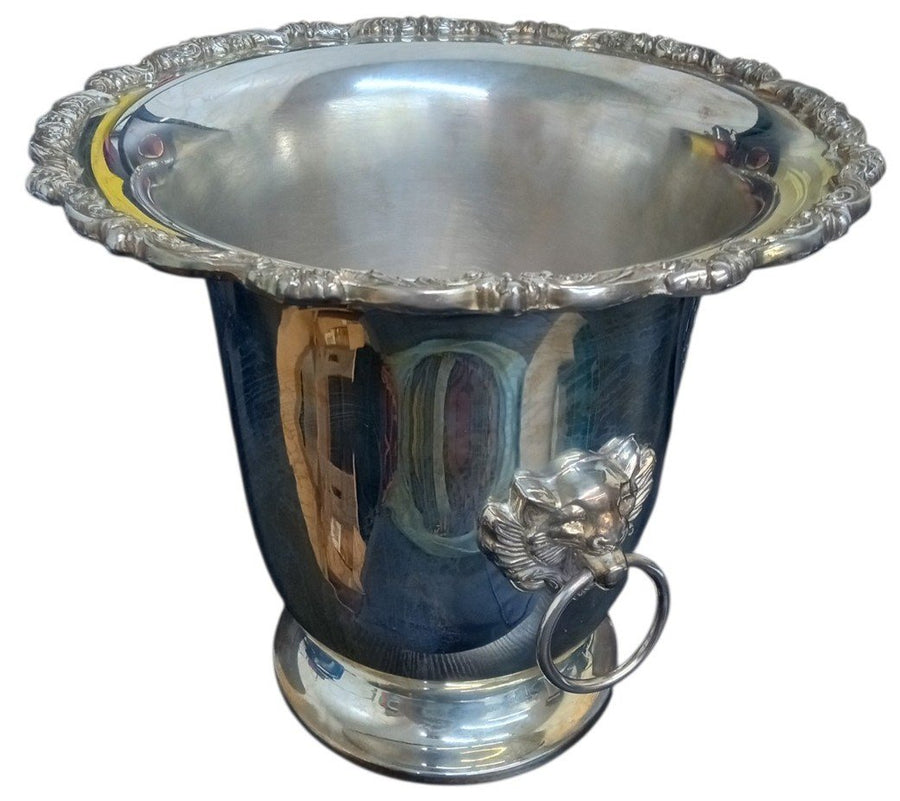 Poole Silver Co EPCA Silverplate Ice Bucket W/Lion Head Ring Handles Ornate
