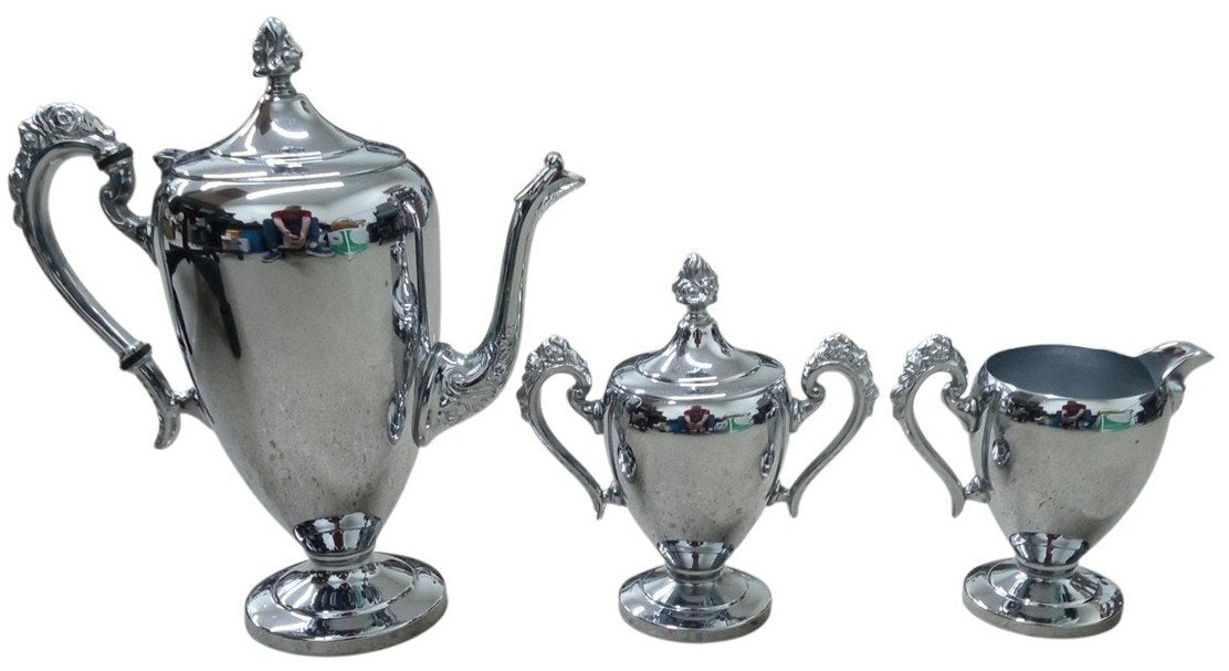 Cromwell Chromium Tea Set Vintage Collectible Serveware Teapot Creamer Sugar