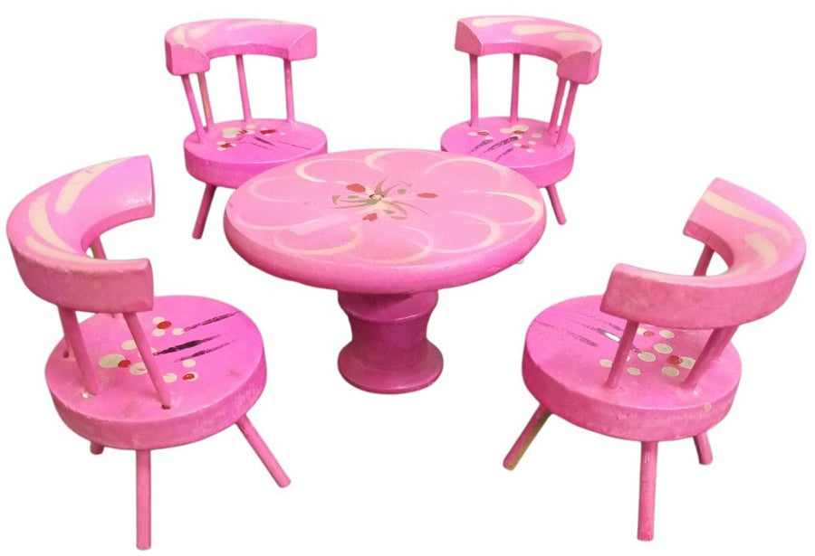 Pink Dollhouse Table W/4 Chairs Vintage Collectible Cute Miniature Wooden