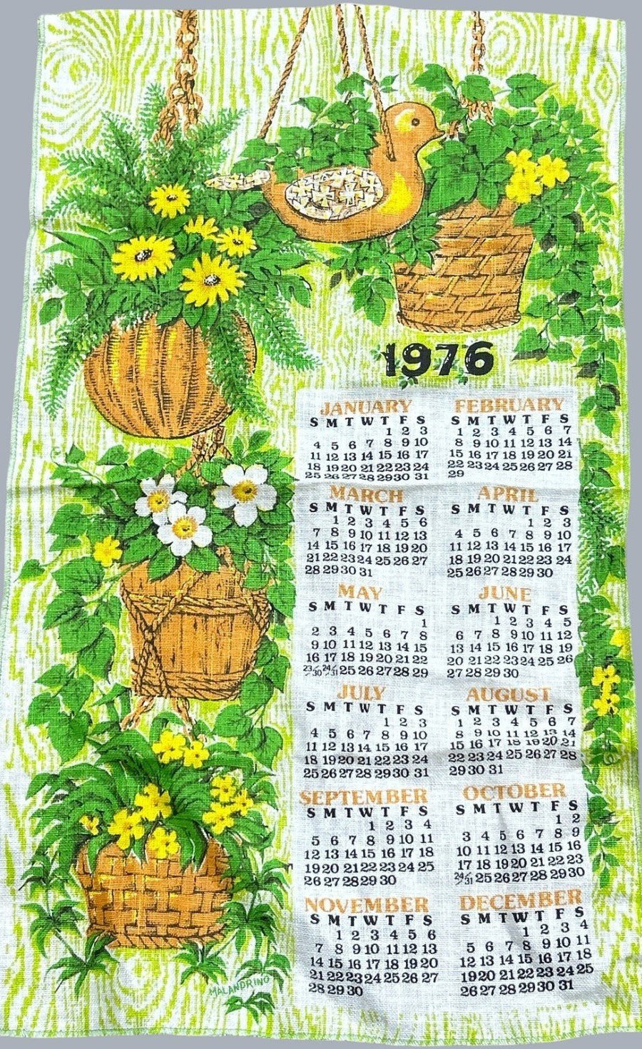 Linen Malandrino Vintage Retro Boho 1976 Calendar With Duck and Floral Design