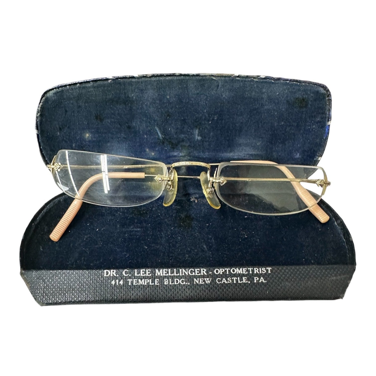 Vintage MCM 1930s Fulvue Rectangular Rimless Wire Eyeglasses w/Case