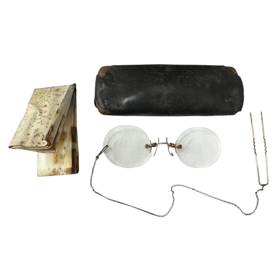 Antique 1850s-1900s Soeasy Pince-nez Hairpin Spectacles w/ Original Case & Note