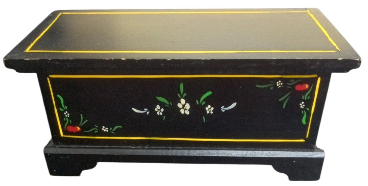 Trinket Box Wooden Black Handpainted Pennsylvania Dutch Vintage Collectible