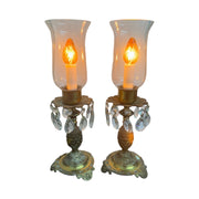 MCM Vintage Art Deco Pair Of Footed Brass Dangling Crystal Hurricane Lamps