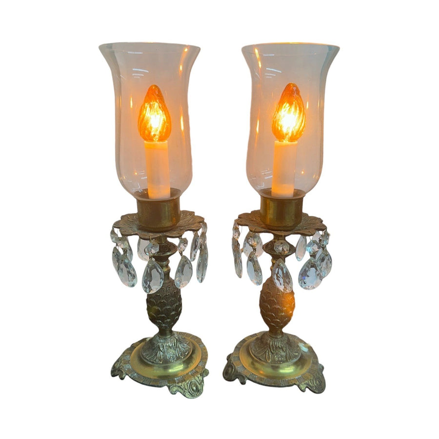 MCM Vintage Art Deco Pair Of Footed Brass Dangling Crystal Hurricane Lamps