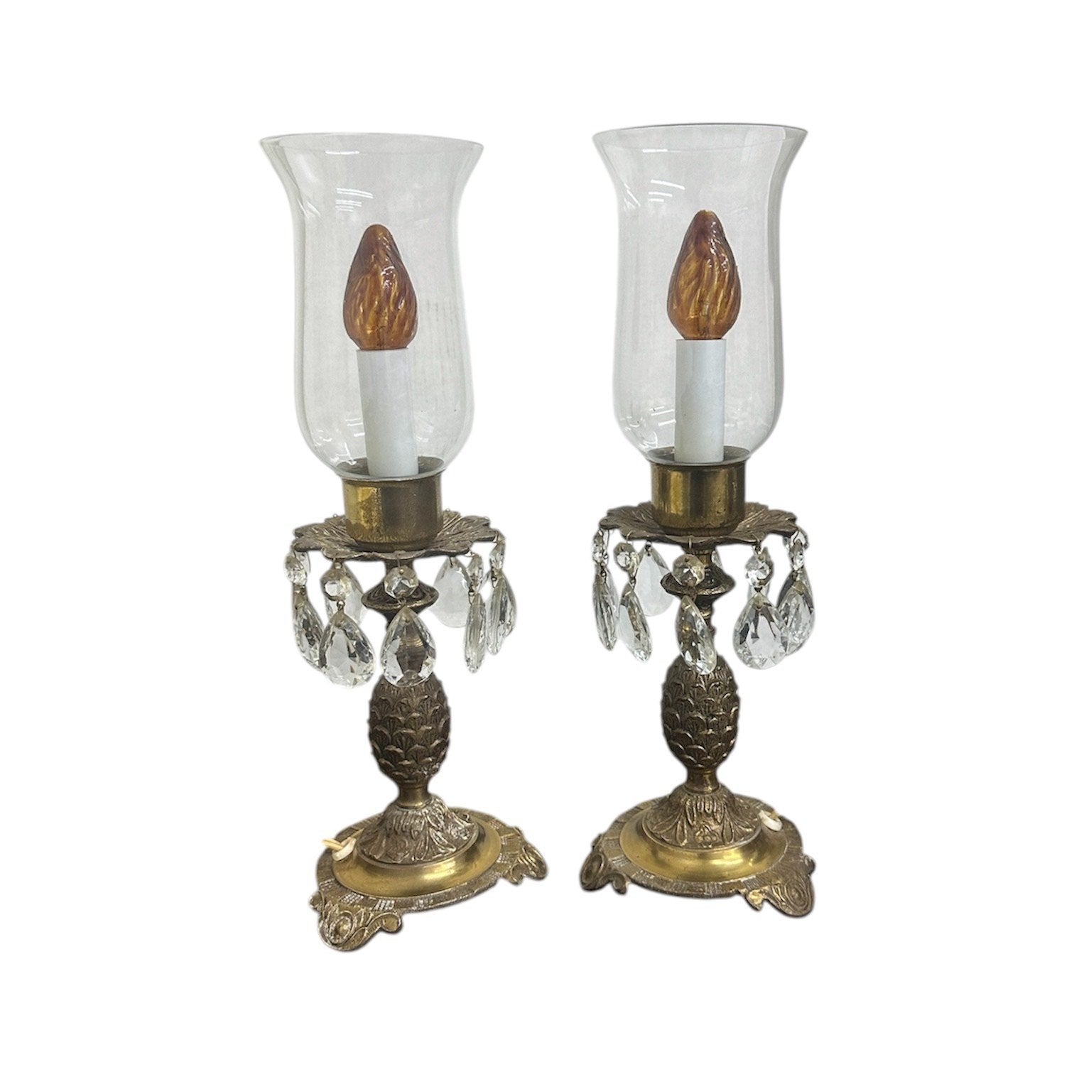 MCM Vintage Art Deco Pair Of Footed Brass Dangling Crystal Hurricane Lamps