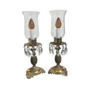 MCM Vintage Art Deco Pair Of Footed Brass Dangling Crystal Hurricane Lamps