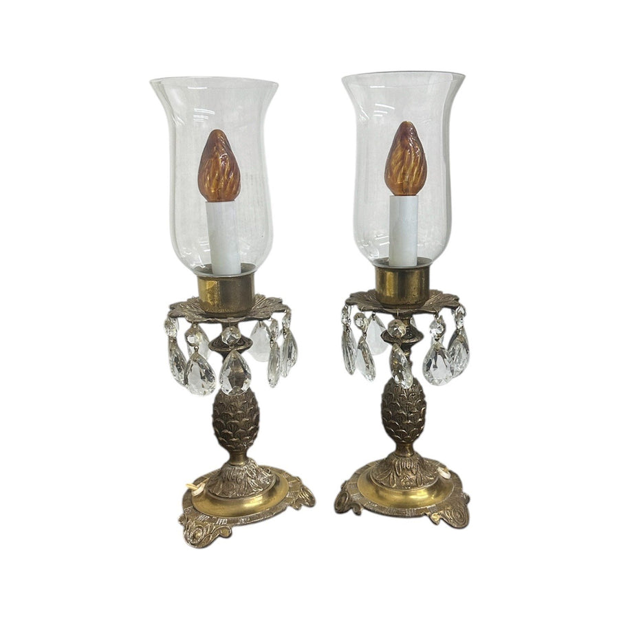 MCM Vintage Art Deco Pair Of Footed Brass Dangling Crystal Hurricane Lamps