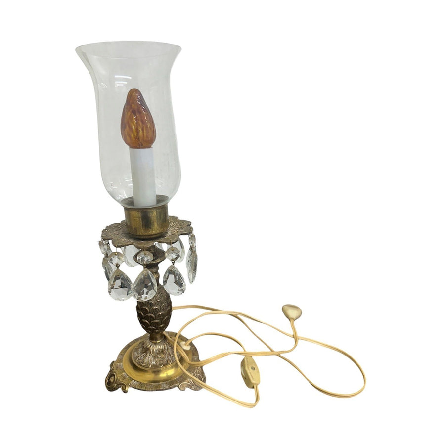 MCM Vintage Art Deco Pair Of Footed Brass Dangling Crystal Hurricane Lamps