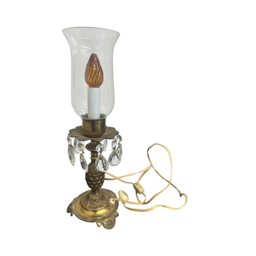 MCM Vintage Art Deco Pair Of Footed Brass Dangling Crystal Hurricane Lamps
