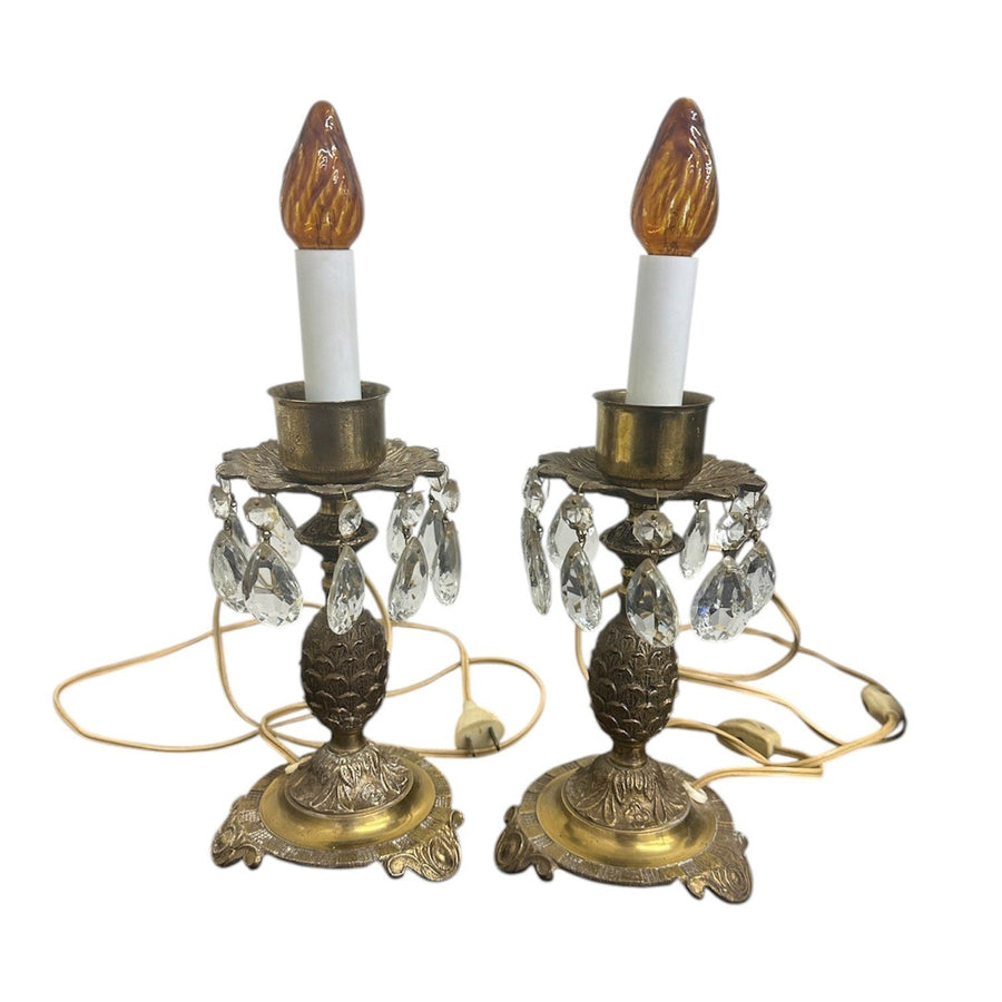 MCM Vintage Art Deco Pair Of Footed Brass Dangling Crystal Hurricane Lamps