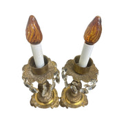 MCM Vintage Art Deco Pair Of Footed Brass Dangling Crystal Hurricane Lamps