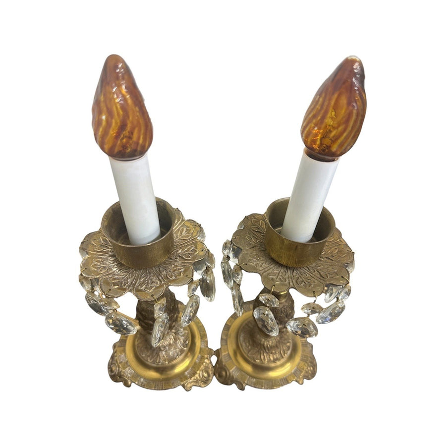 MCM Vintage Art Deco Pair Of Footed Brass Dangling Crystal Hurricane Lamps
