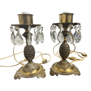 MCM Vintage Art Deco Pair Of Footed Brass Dangling Crystal Hurricane Lamps