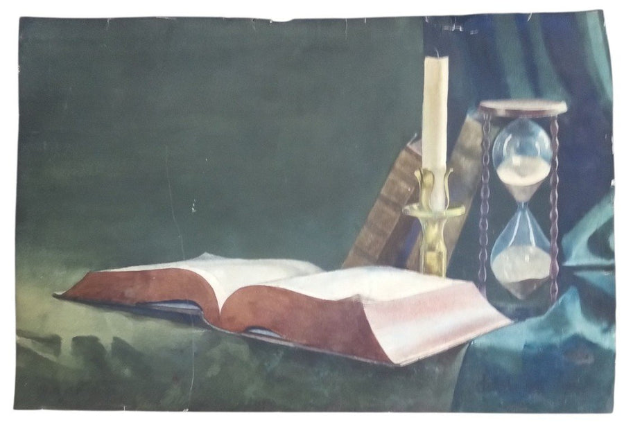 Art Book & Hourglass Picture 14"x21" Hand Drawn/Handpainted Artist Unknown 1999