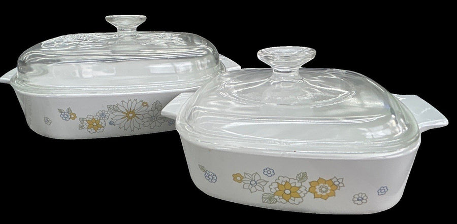 Corning Ware Set of Two Floral Bouquet Casserole Dishes with Pyrex Lids