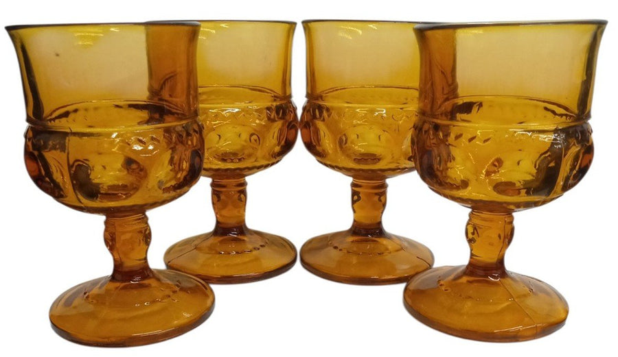 Indiana Glass King's Crown Thumbprint Amber Goblets Set of 4 Vintage Glassware