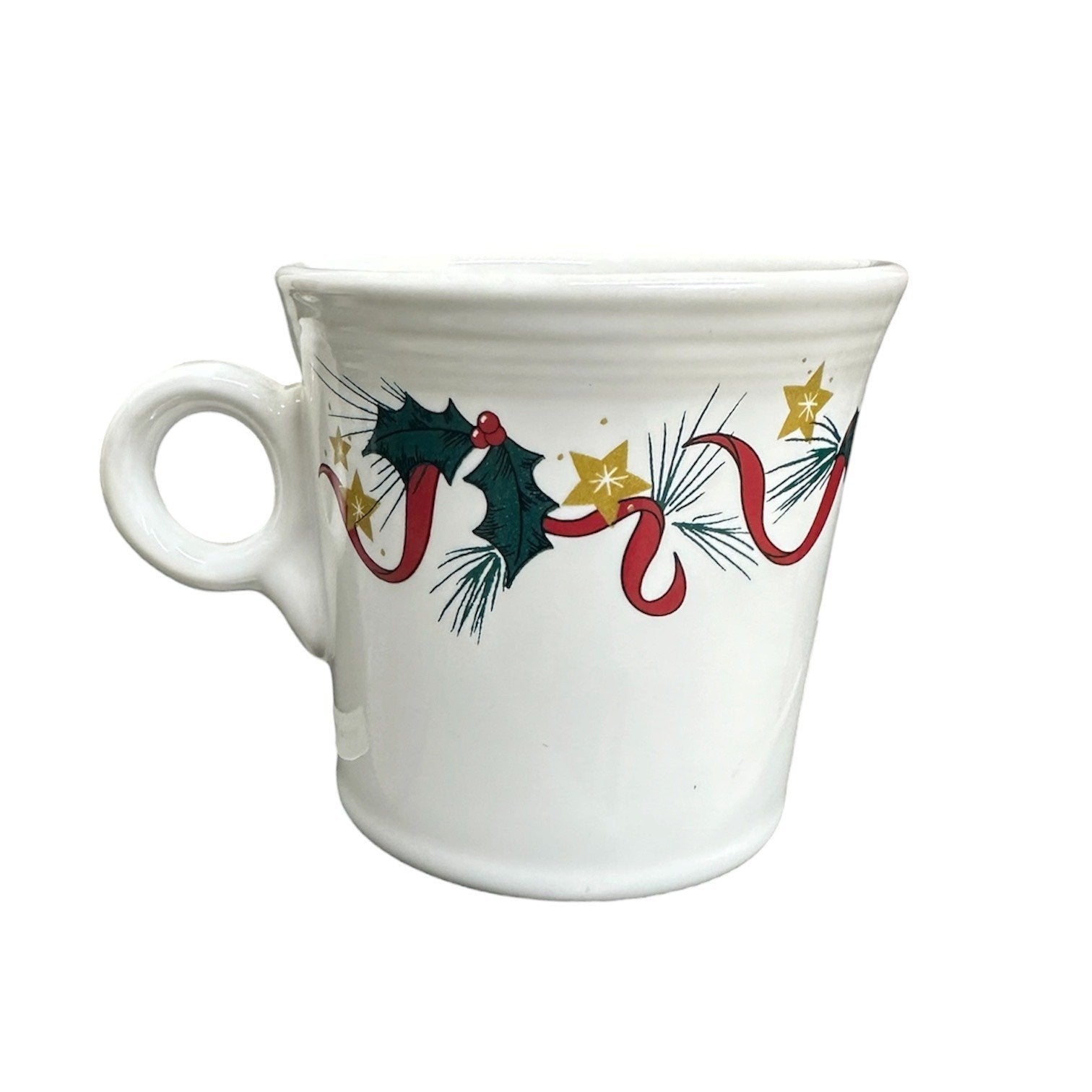 Fiesta - White Holly & Star Ring Handled Mug Homer Laughlin HLC Retired Ceramic Coffee Cup