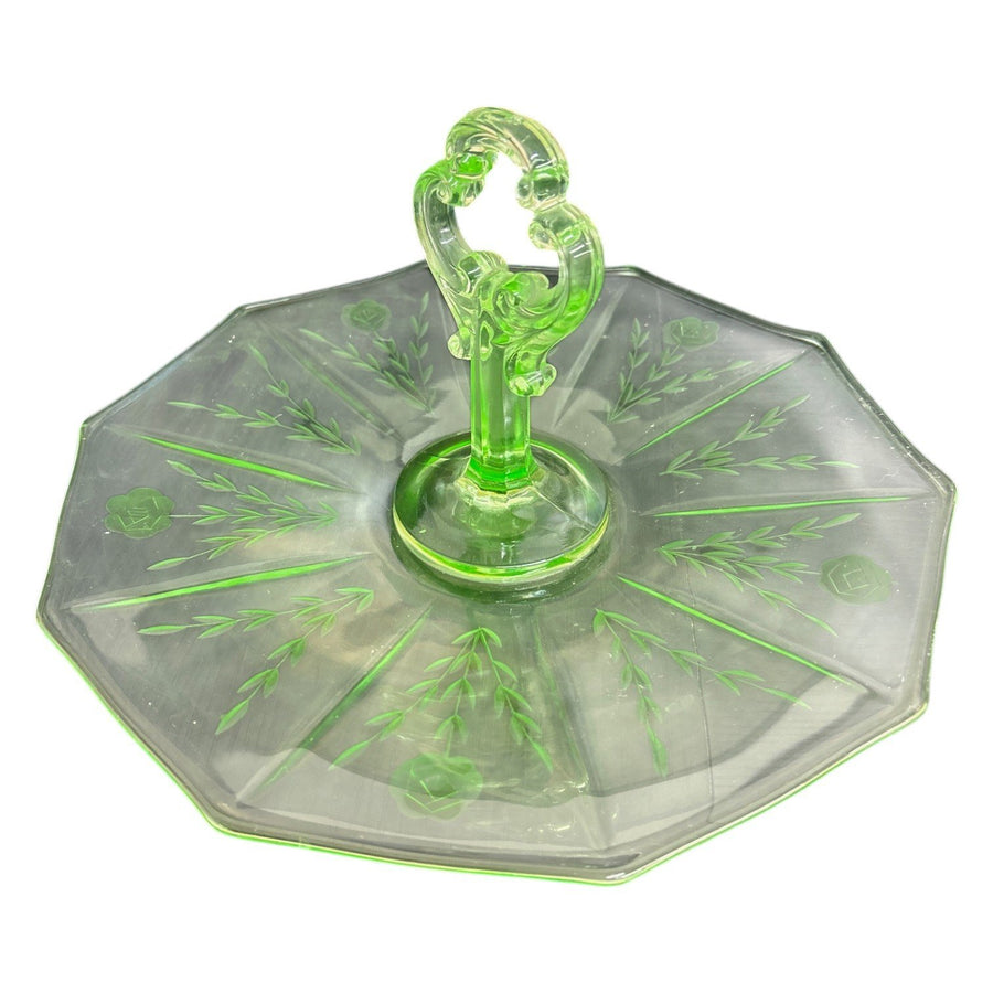 Vaseline Uranium Glass Floral Etched Serving Tray