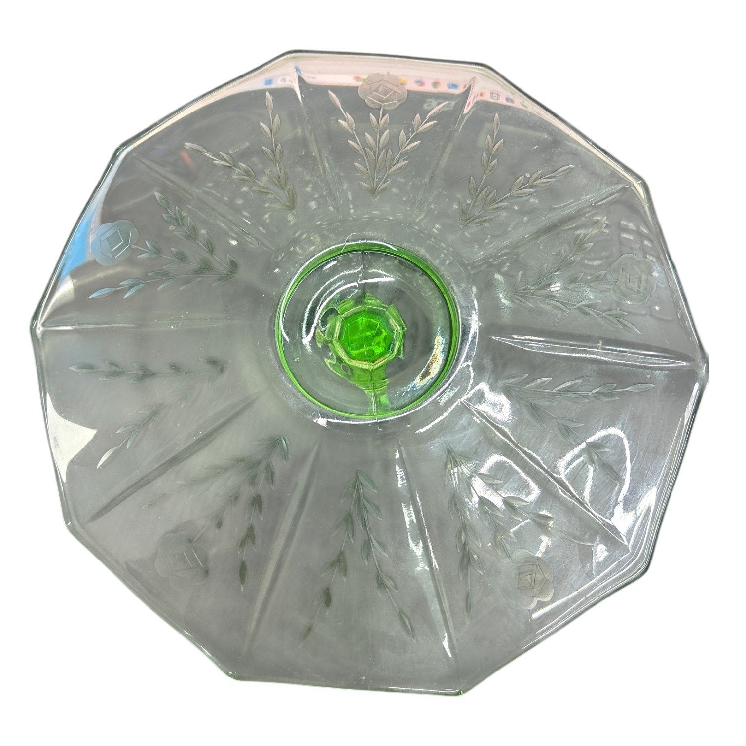 Vaseline Uranium Glass Floral Etched Serving Tray