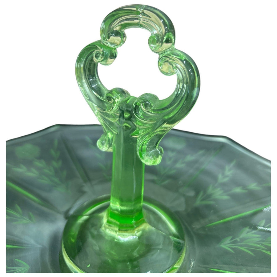 Vaseline Uranium Glass Floral Etched Serving Tray