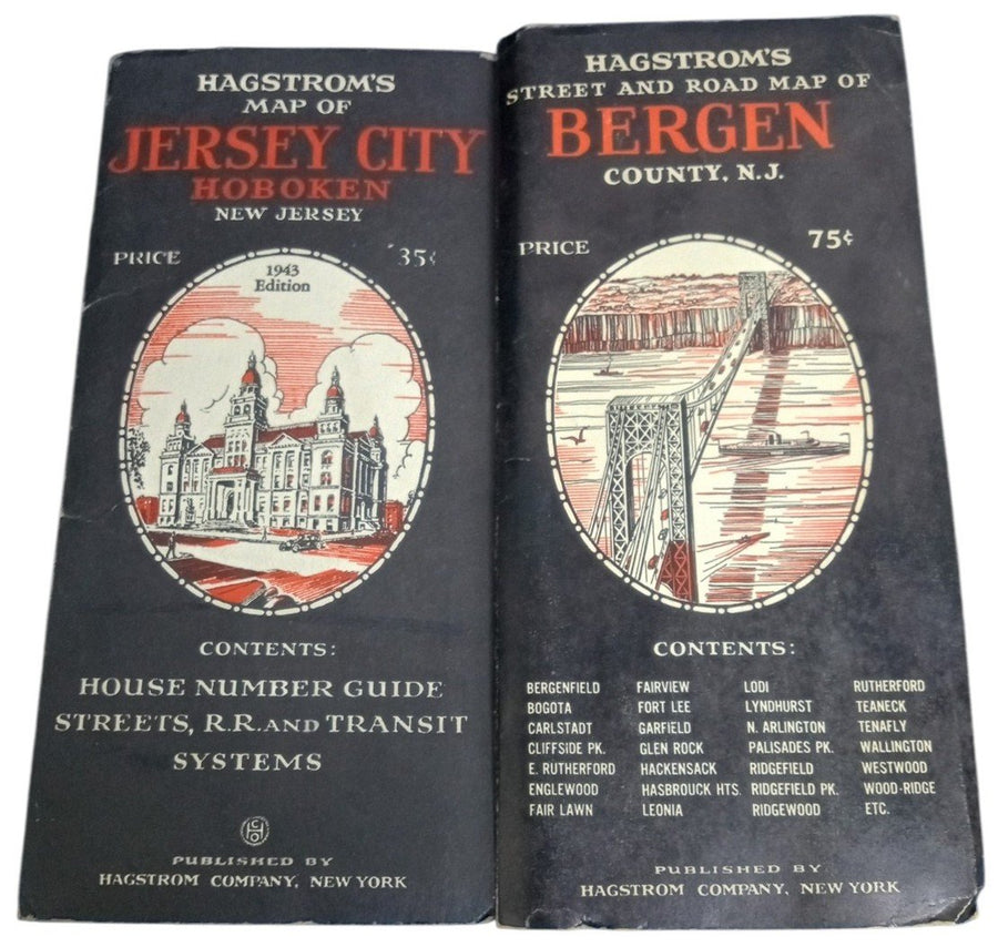 Hagstrom's New Jersey Maps Jersey City & Bergen County 1940s Vintage Travel