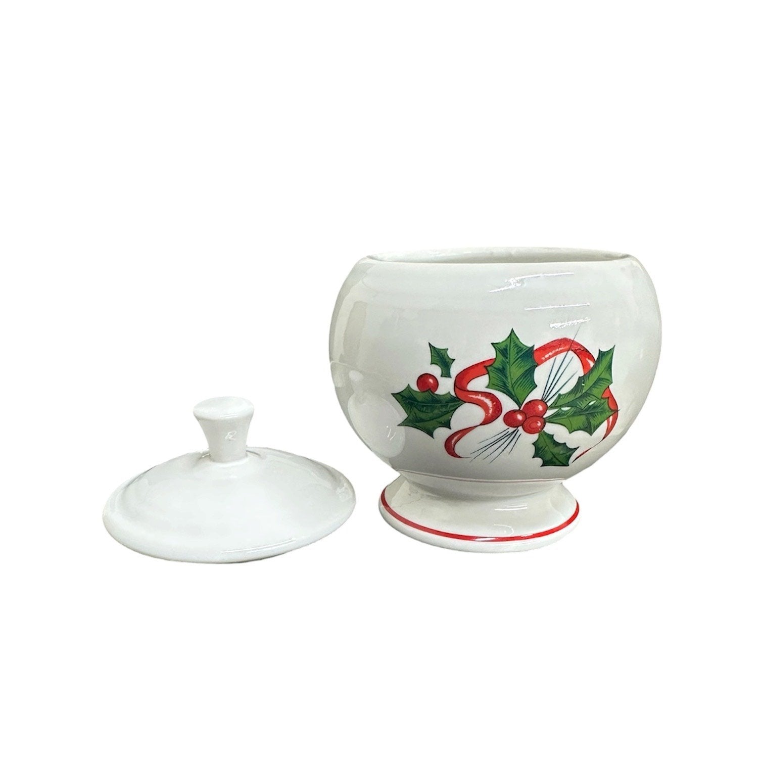Fiesta - White Holly & Ribbon Individual Sugar Bowl + Lid Homer Laughlin HLC Retired Ceramic