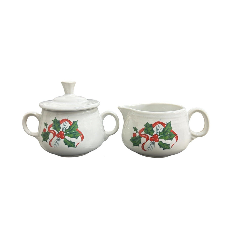 Fiesta - White Holly & Ribbon Sugar Bowl and Creamer Set Homer Laughlin HLC Retired Ceramic