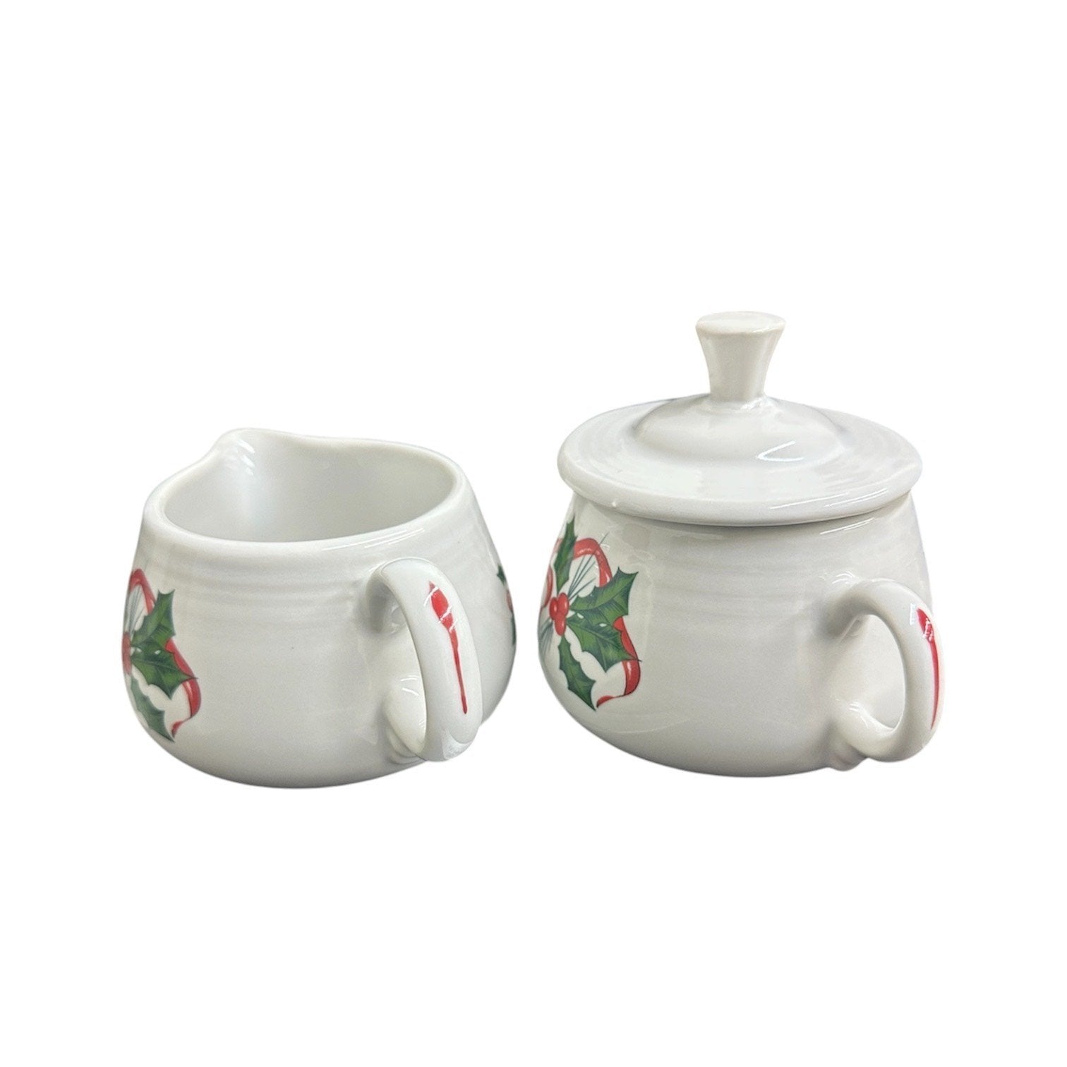 Fiesta - White Holly & Ribbon Sugar Bowl and Creamer Set Homer Laughlin HLC Retired Ceramic