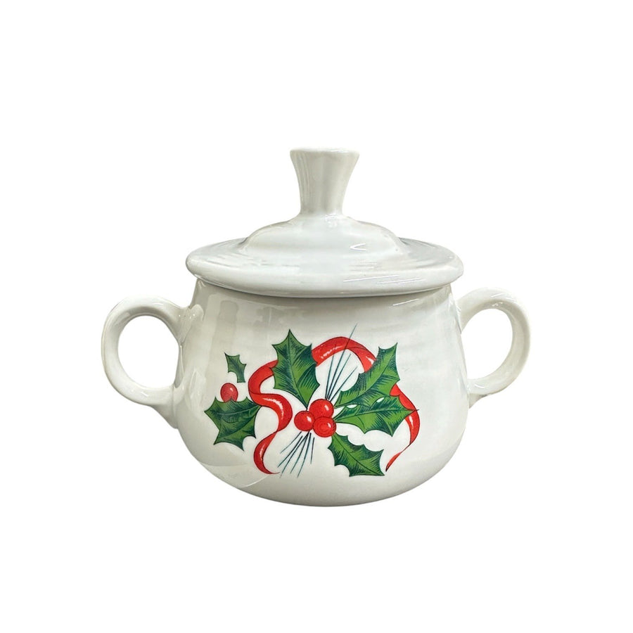 Fiesta - White Holly & Ribbon Sugar Bowl and Creamer Set Homer Laughlin HLC Retired Ceramic