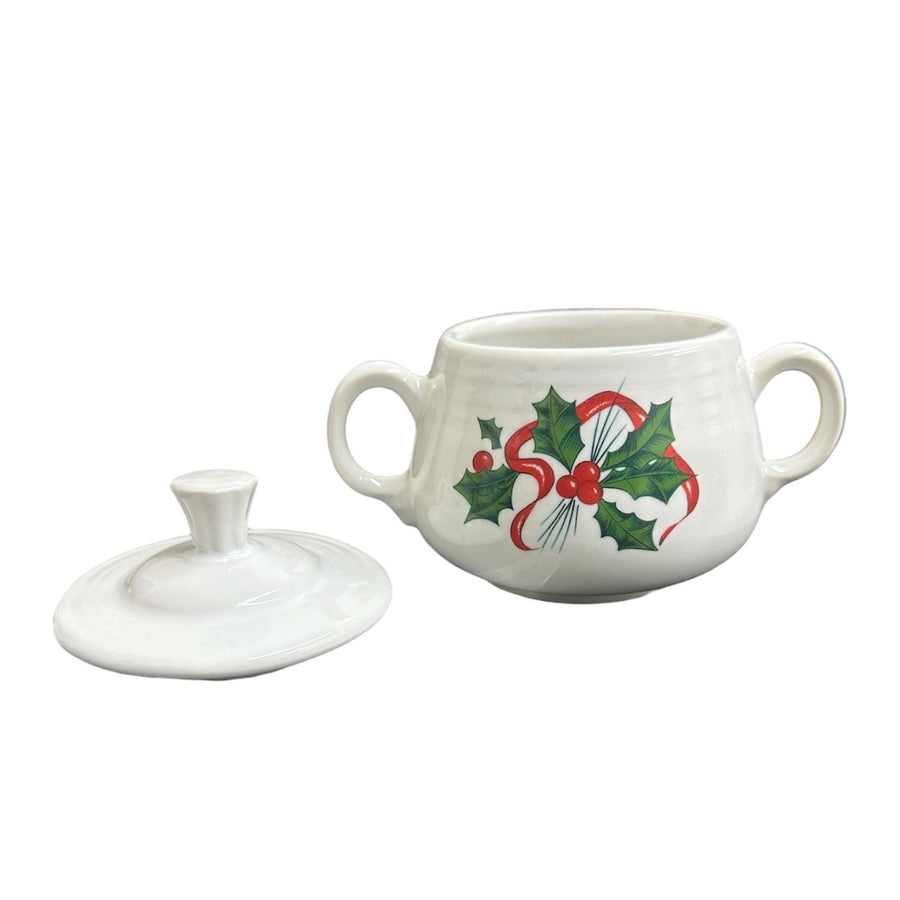 Fiesta - White Holly & Ribbon Sugar Bowl and Creamer Set Homer Laughlin HLC Retired Ceramic