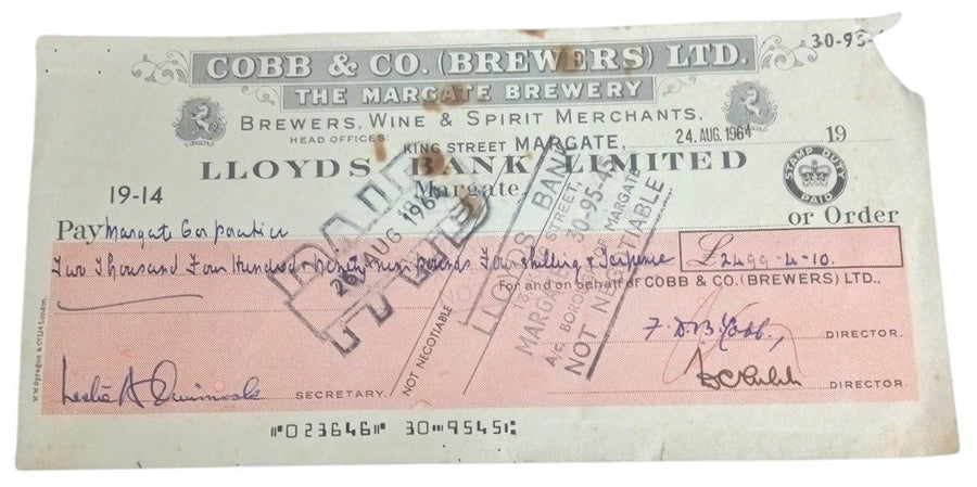 Cobb & Co Margate Brewery Check 1964 Vintage Collectible Ephemera Breweriana