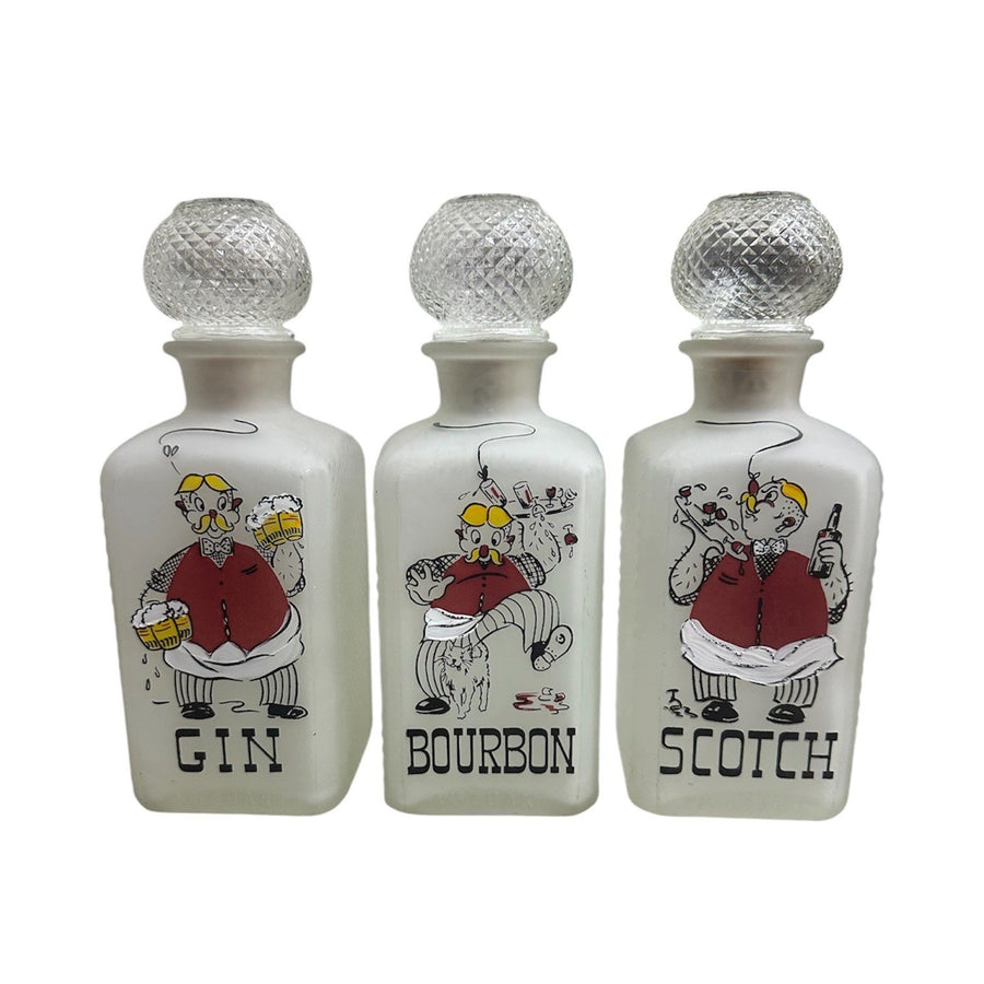 Vintage Hazel Atlas Set of 3 Gay Fad Frosted Glass Gin Bourbon Scotch Decanters