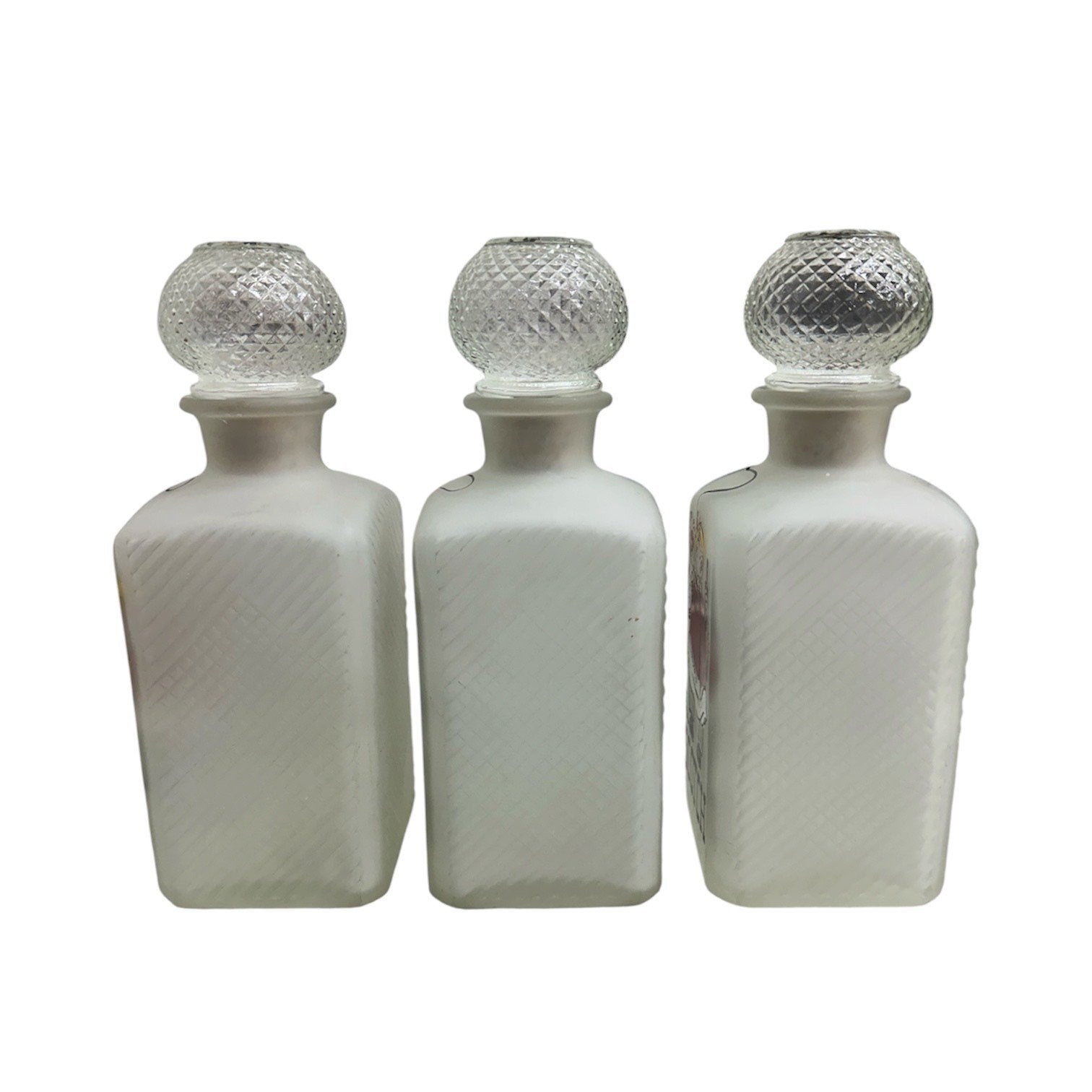 Vintage Hazel Atlas Set of 3 Gay Fad Frosted Glass Gin Bourbon Scotch Decanters