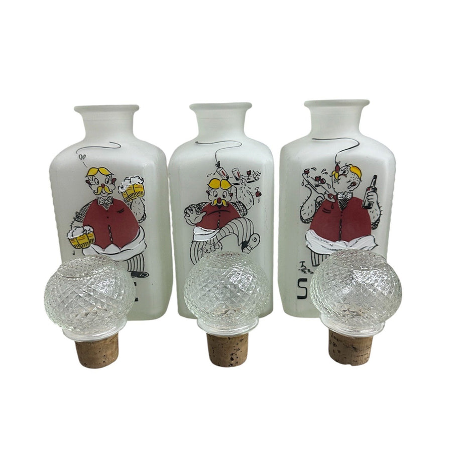 Vintage Hazel Atlas Set of 3 Gay Fad Frosted Glass Gin Bourbon Scotch Decanters