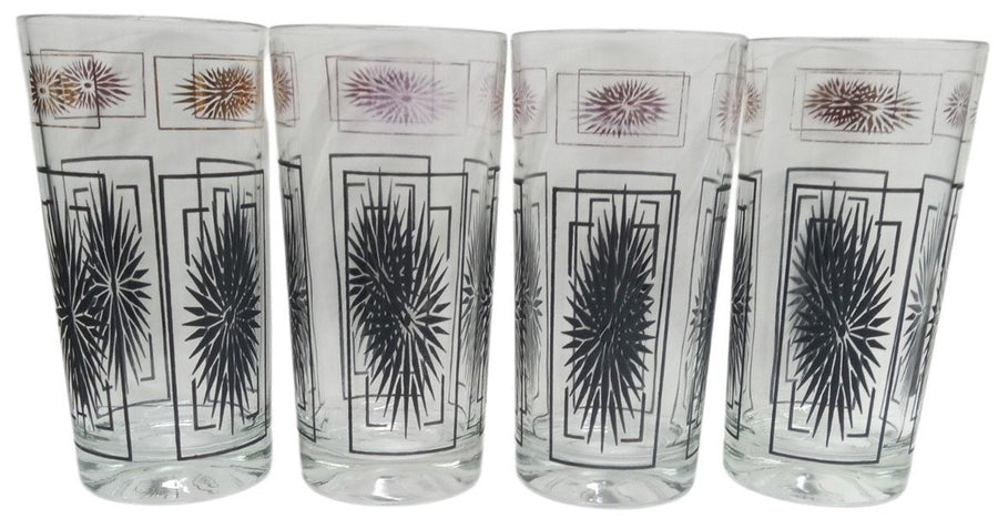 Starburst Black & Gold Glasses Set Of 4 Vintage Collectible Drinkware MCM