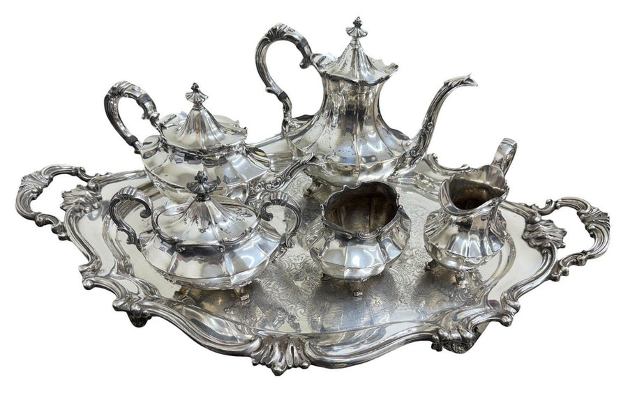 Reed and Barton 6710 Silver Plated Coffee & Tea Set With Tray, Victorian Pattern